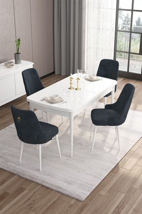 Are Serisi, 80x132 Açılabilir Mdf Masa, Beyaz Mutfak Masa Takımı, 4 Antrasit Sandalye Gold Halkalı Nar Beyaz Masa Vega Sandalye
