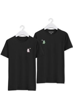 Dinozor Çift Baskılı Sevgili Kombini Siyah Regular T-shirt TSFN0129