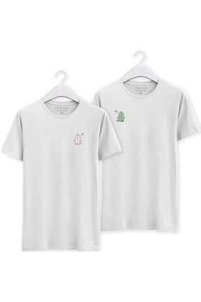 Dinozor Çift Baskılı Sevgili Kombini Beyaz Regular T-shirt TSFN0129