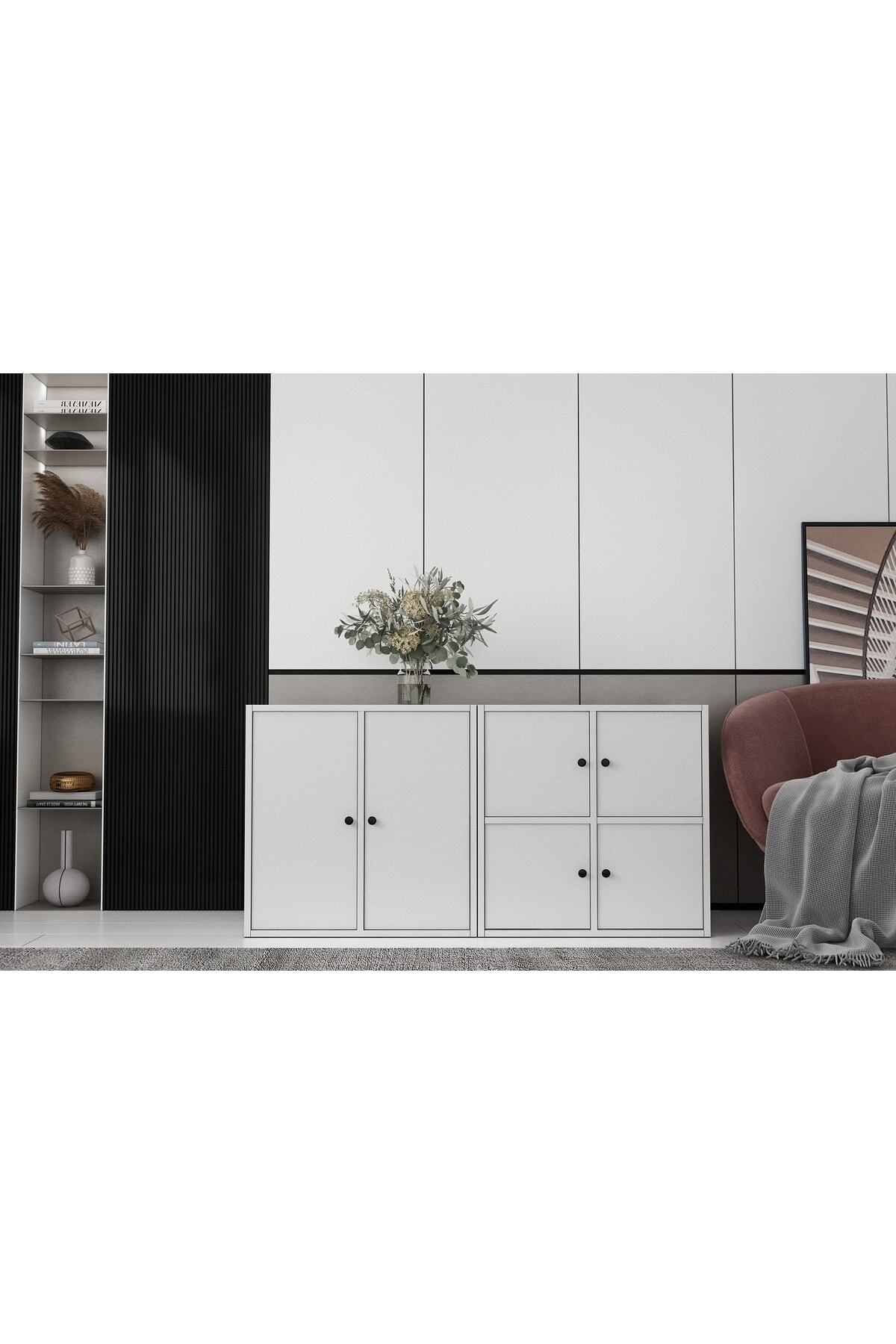 Nettrends Altı Kapaklı Raflı Beyaz Konsol Çıtasız Kns-1182-ç