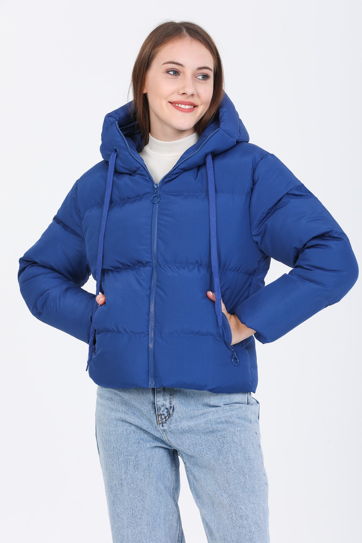 Kadın Mavi Kapüşonlu Şişme Mont