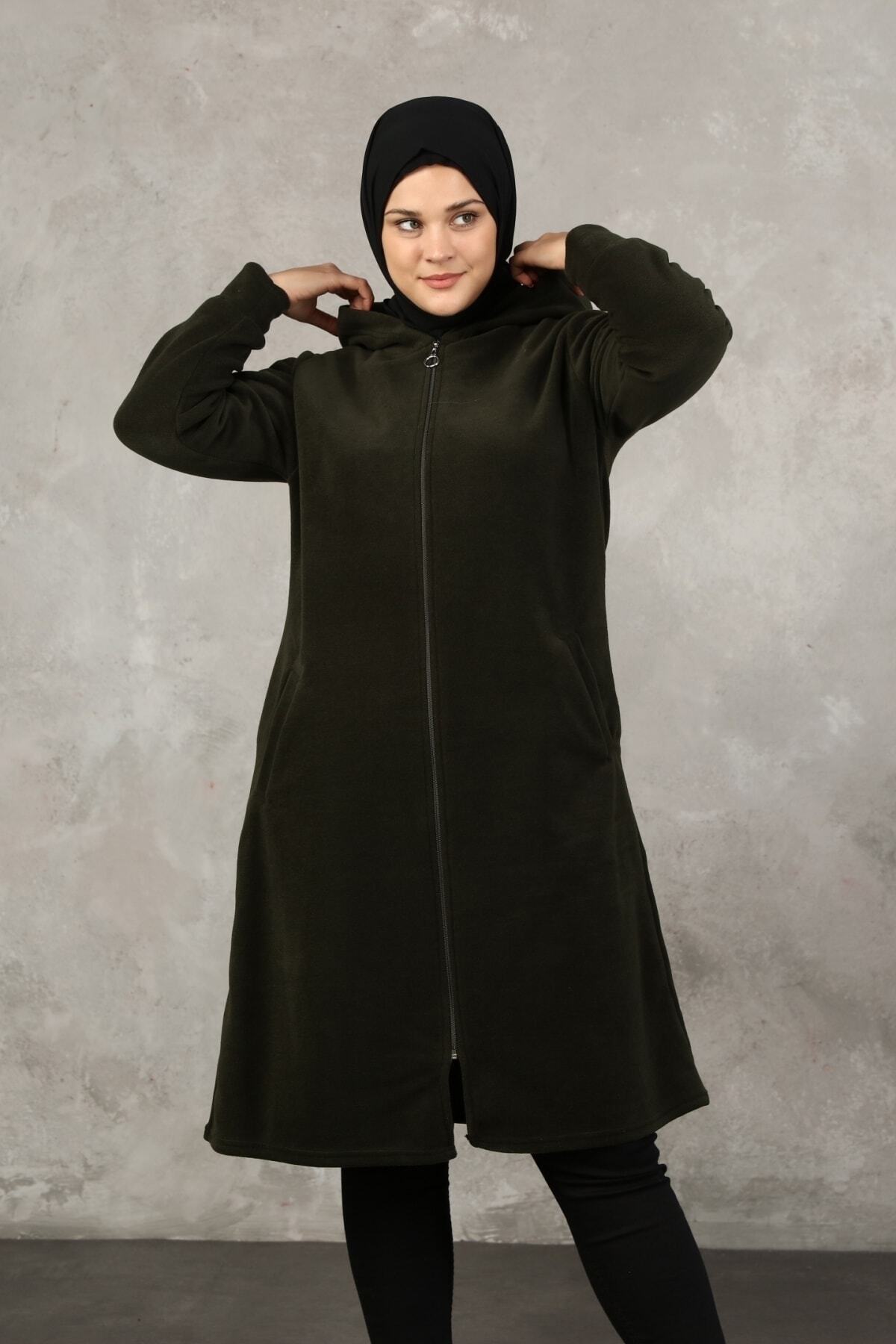 Kardelen Butik Ümraniye-Long Cardigan Winter Fleece Cardigan Khaki Green 2