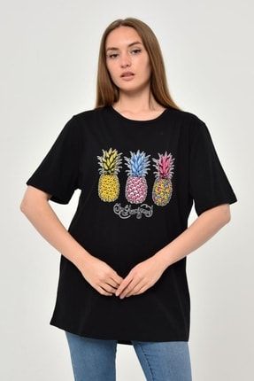 Kadın Ananas Baskılı Oversize T-shirt Siyah TST0039Y0030