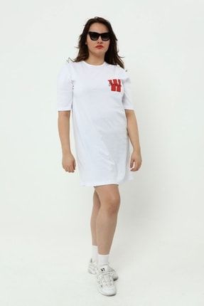 Büyük Beden Baskılı Tunik T-shirt Beyaz TST0028Y0030