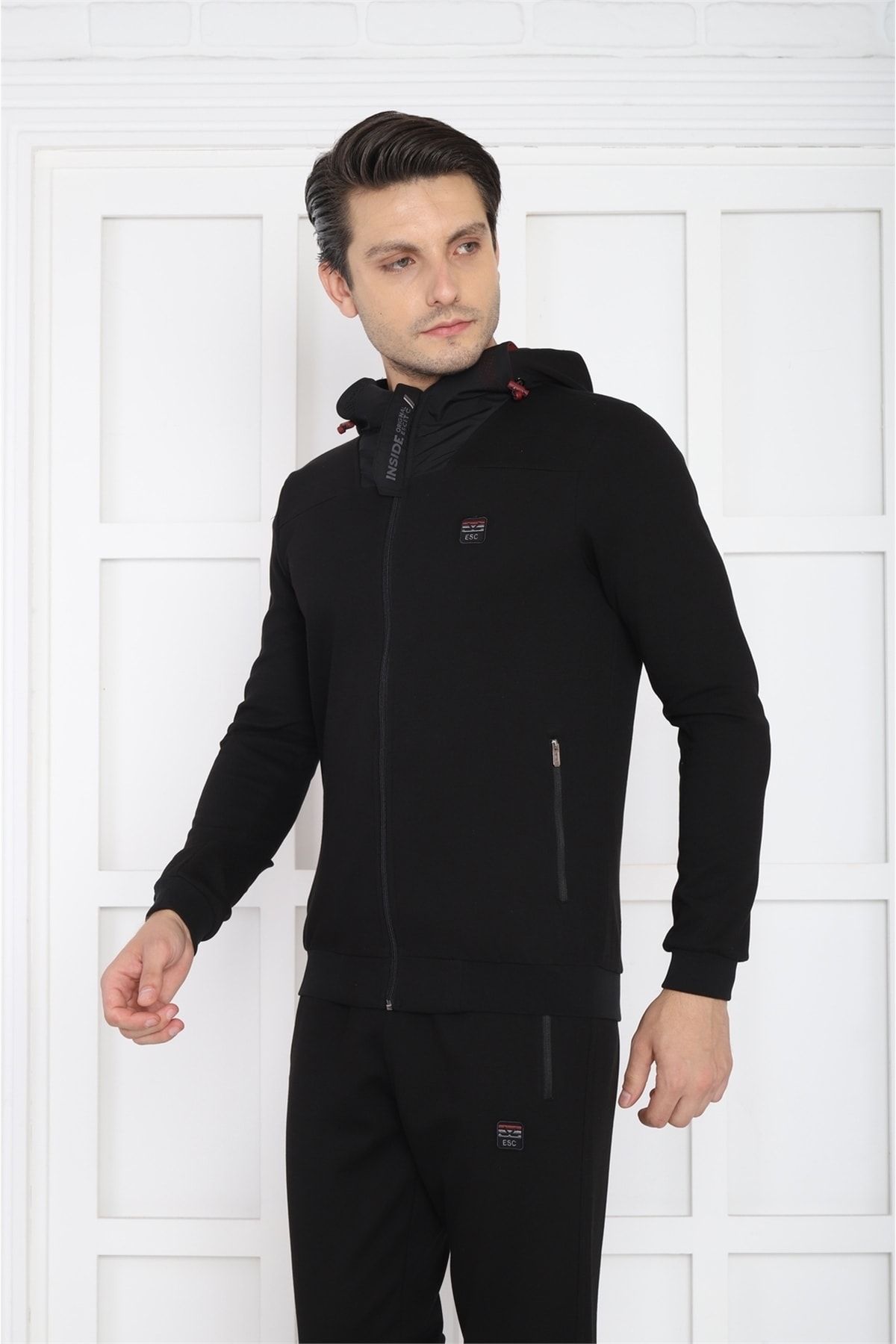 ست گرمکن ورزشی مردانه SLIMFIT مردانه'S HOODED 4 جیب فصل مجموعه لباس سیاه Escetic