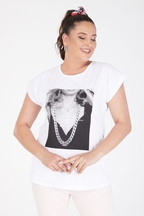 Büyük Beden Kadın Baskılı Yarasa Kol T-shirt Beyaz 21y-tsrt0081