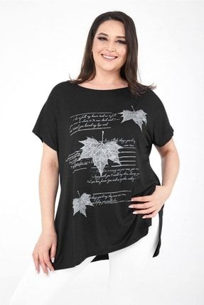 Büyük Beden Yaprak Baskılı Oversize Pamuklu Likralı T-shirt Siyah TST0087Y0001