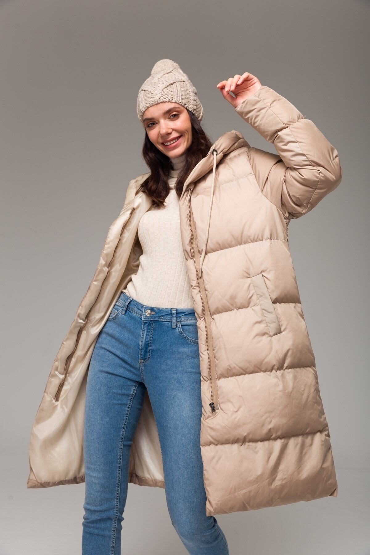 کاپشن  زنانه پلی استر بژ پوشاک حجاب راسته Oversize/اورسایز    پف دار کژوال/روزمره | Olcay 6225 TR - تصویر 3
