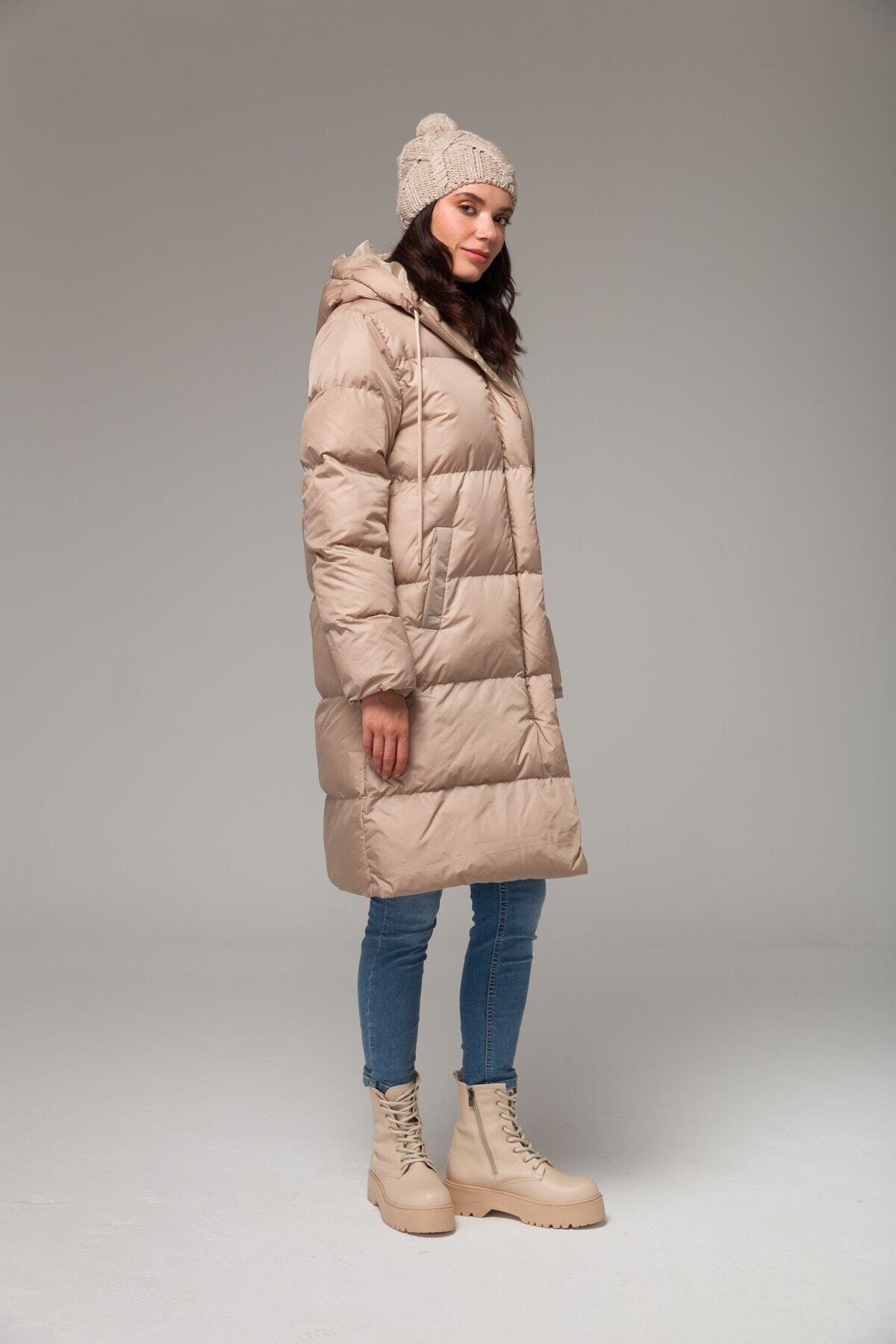 کاپشن  زنانه پلی استر بژ پوشاک حجاب راسته Oversize/اورسایز    پف دار کژوال/روزمره | Olcay 6225 TR - تصویر 7
