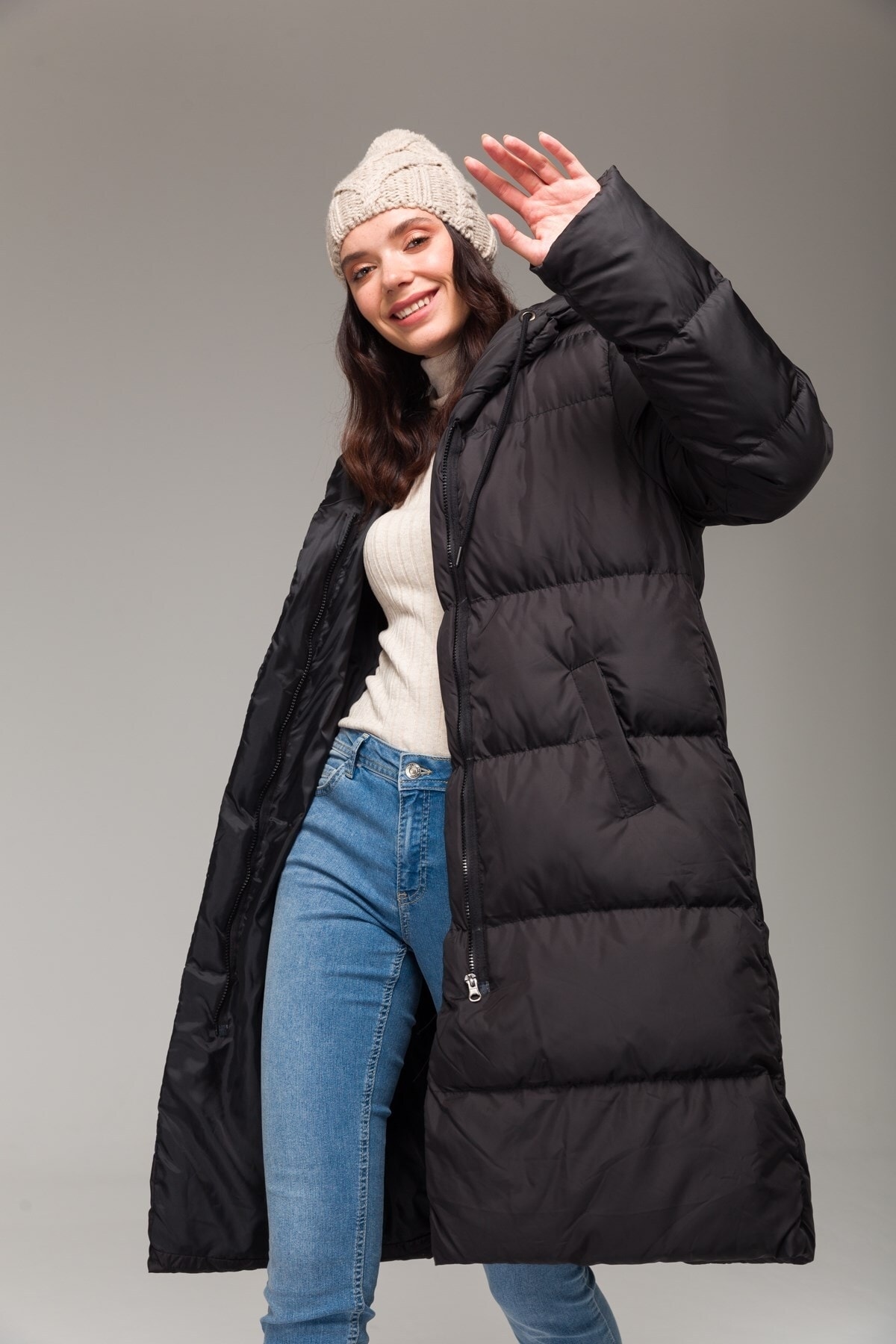 کاپشن  زنانه پلی استر مشکی پوشاک حجاب راسته Oversize/اورسایز    پف دار کژوال/روزمره | Olcay 6225 TR - تصویر 4