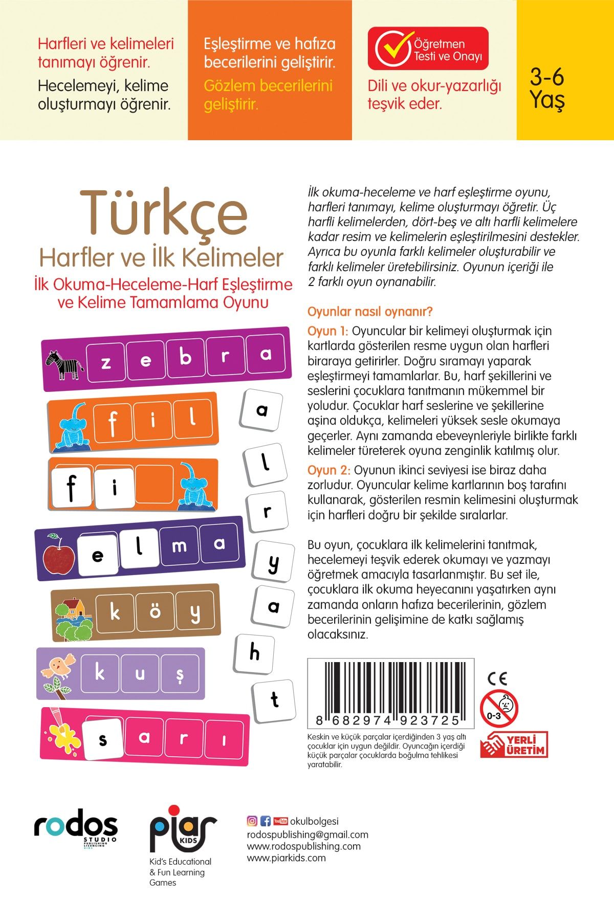 Piar Kids-Turkish First Letters and Words/First Reading-Speeching-Letter Matching and Word Completion Game/3-6 Years Old 3