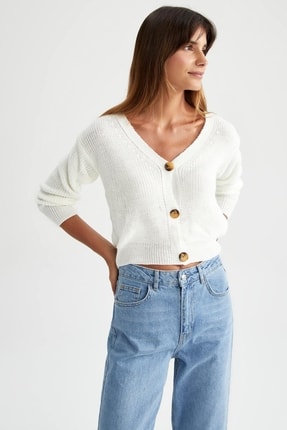 DeFacto Regular Fit V Yaka D&uuml;ğmeli Basic Crop Triko Yelek