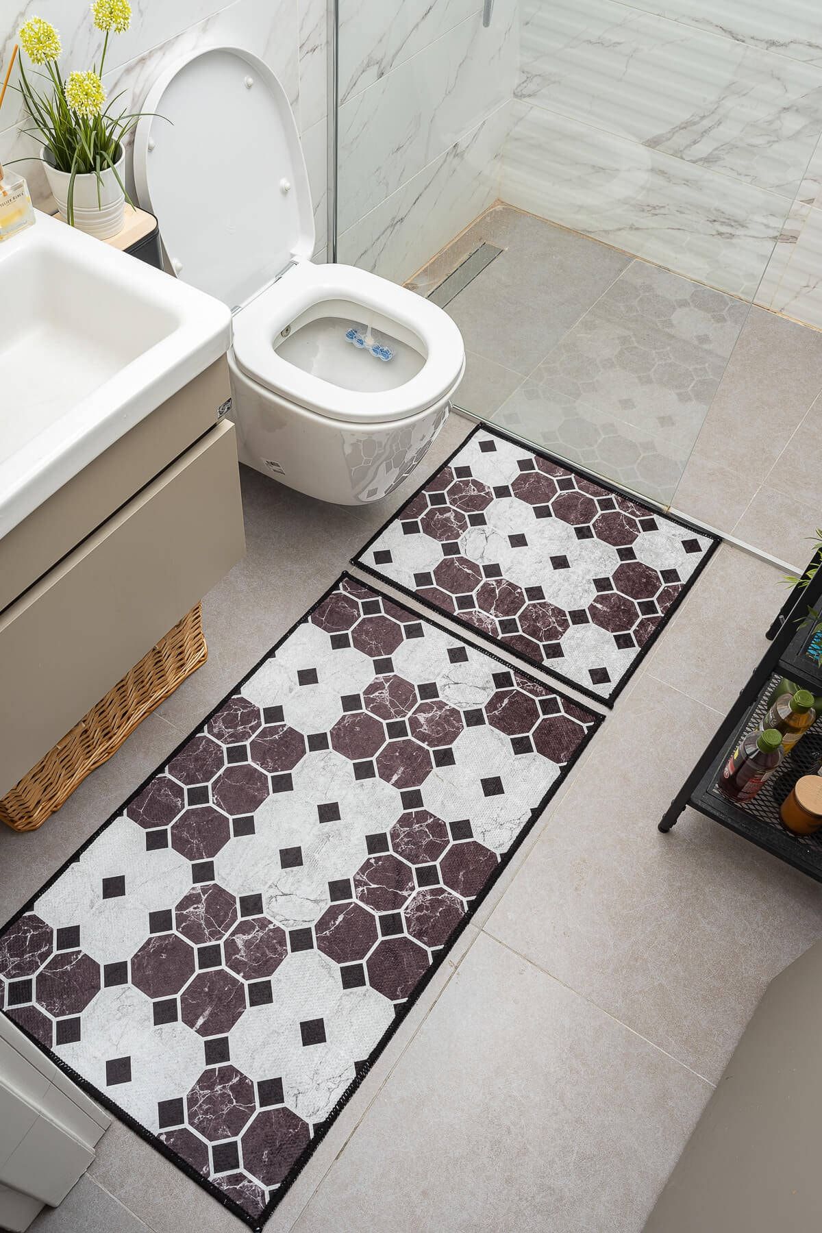 Oriente Home Geometrik Desenli Beyaz Kahverengi Kaymaz Taban Yıkanabilir 2'li Banyo Paspası 8712