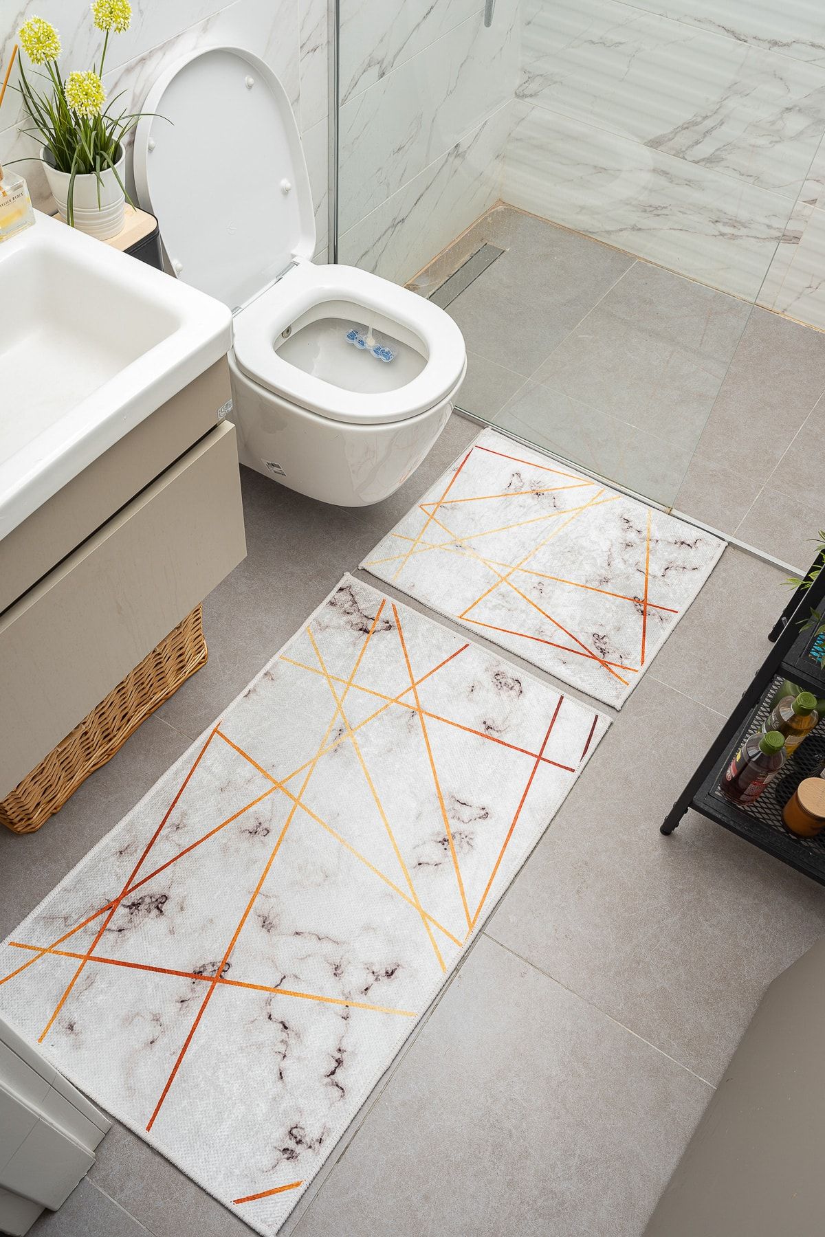 Oriente Home Çizgisel Desenli Beyaz Turuncu Kaymaz Taban Yıkanabilir 2'li Banyo Paspası 8705