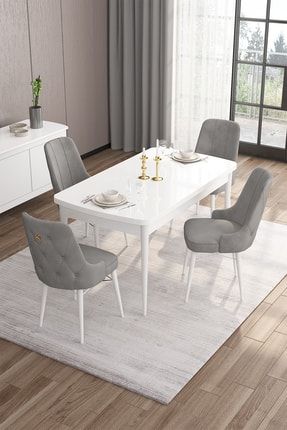 Are Serisi, 80x132 Açılabilir Mdf Masa, Beyaz Mutfak Masa Takımı, 4 Gri Sandalye Gold Halkalı Nar Beyaz Masa Vega Sandalye