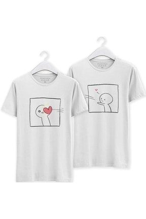 Kalp Atışı Baskılı Sevgili Kombini Beyaz Regular T-shirt TSFN0131