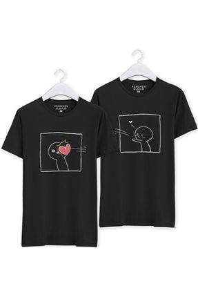 Kalp Atışı Baskılı Sevgili Kombini Siyah Regular T-shirt TSFN0131