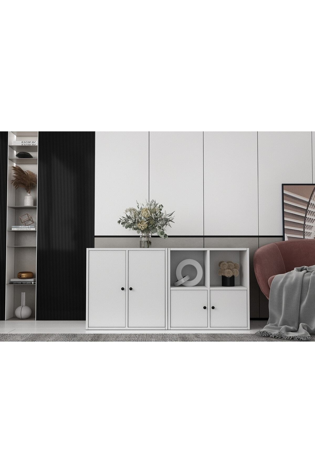 Nettrends Dört Kapaklı Raflı Beyaz Konsol Çıtasız Kns-1181-ç