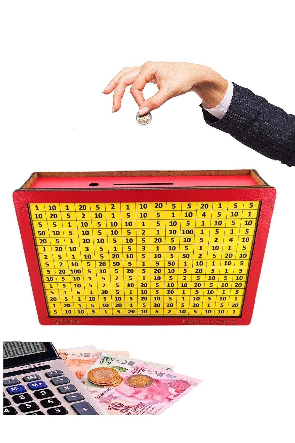 Sarı Kırmızı Parabox Hedefli Para Biriktirme Kumbarası 2.000 Hedefli Ahşap Para Kutusu