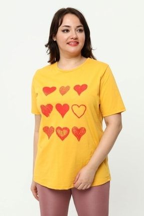 Büyük Beden Kalp Baskılı T-shirt Hardal TST0023Y0030