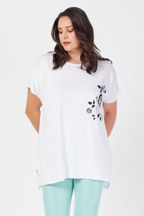 Büyük Beden Salaş Gül Baskılı T-shirt Beyaz szn002-tsrt