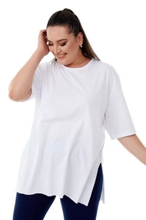 Büyük Beden Yırtmaçlı Basic Bluz Beyaz 21y-bluz0025