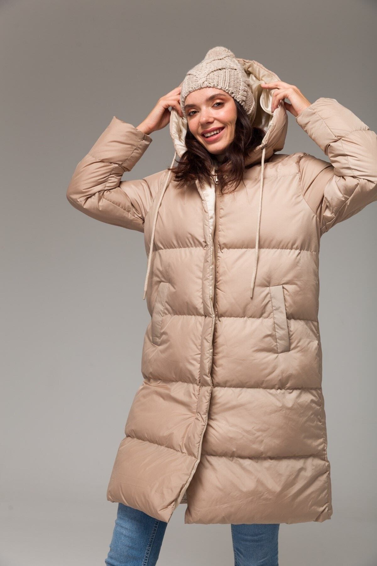 کاپشن  زنانه پلی استر بژ پوشاک حجاب راسته Oversize/اورسایز    پف دار کژوال/روزمره | Olcay 6225 TR - تصویر 4