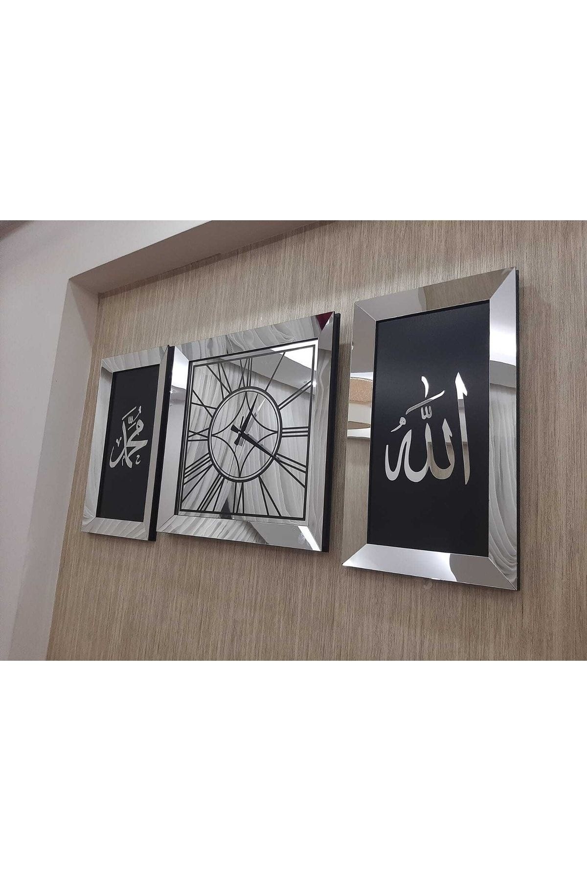 TUĞBArt 3lü Kare Duvar Saati Roma Rakam 3 Boyutlu Piyano Model Allah Muhammed Lafzı Tablo Aynalı Plexi Gümüş