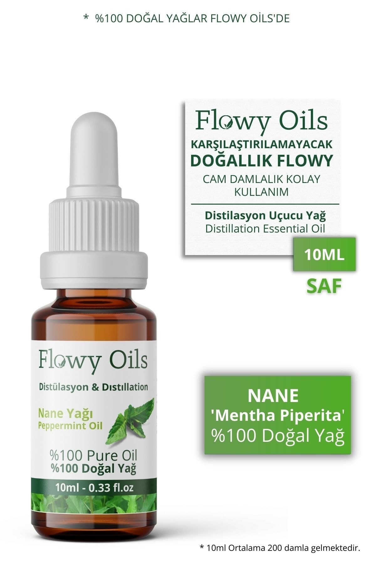 Flowy Oils Nane Yağı %100 Doğal Bitkisel Uçucu Yağ Peppermint Oil 10ml