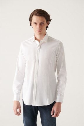 Erkek Beyaz %100 Pamuklu Saten Gizli Patlı Slim Fit Gömlek E002209