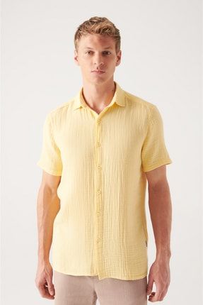 Erkek Sarı Kırışık Görünümlü Kısa Kol Tril Gömlek A21y2077 A21Y2077
