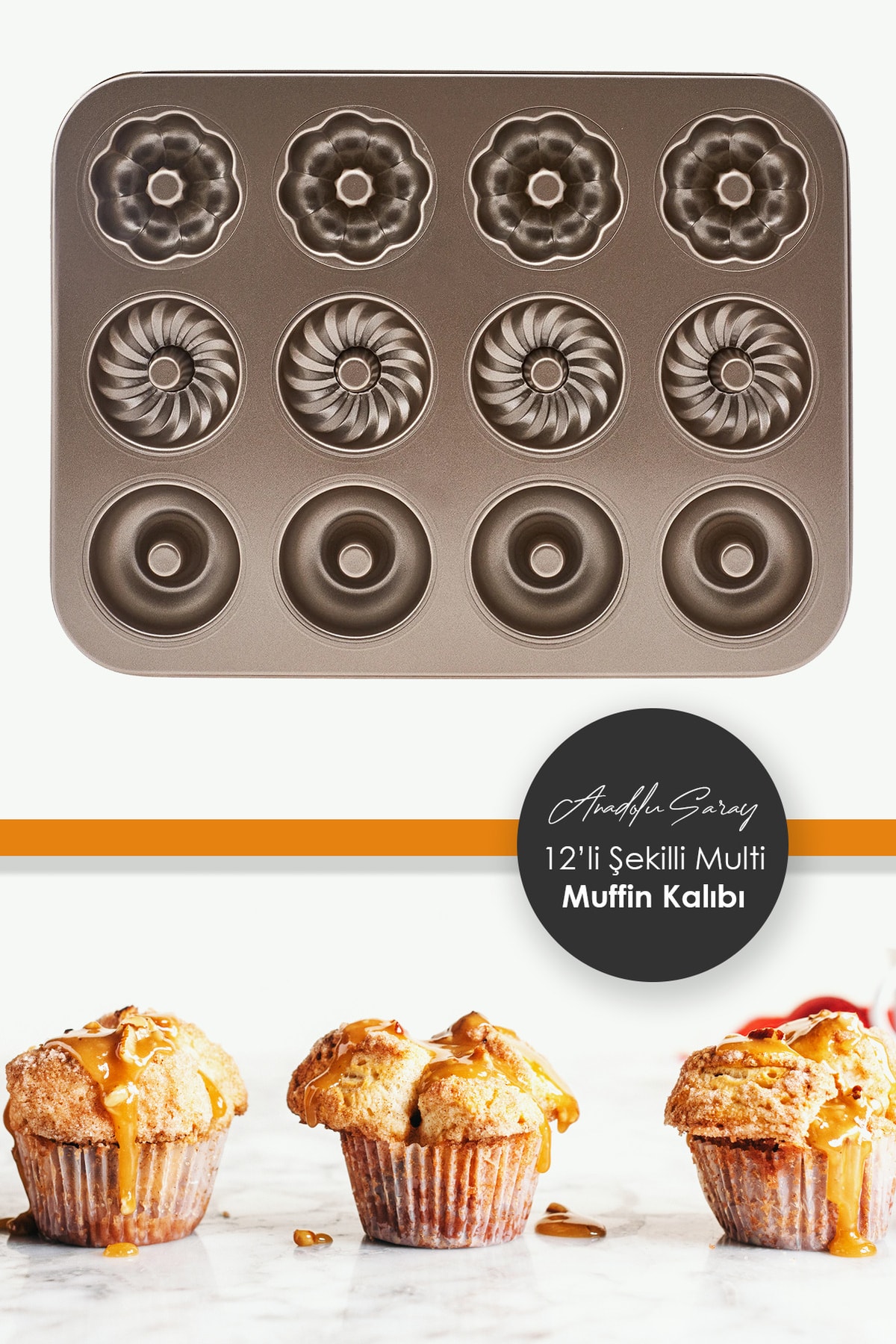 Anadolu Saray Çarşısı 12'li Multi Muffin Kek Kalıbı | Şekilli 12'li Yanmaz Yapışmaz Muffin & Cupcake Kalıbı