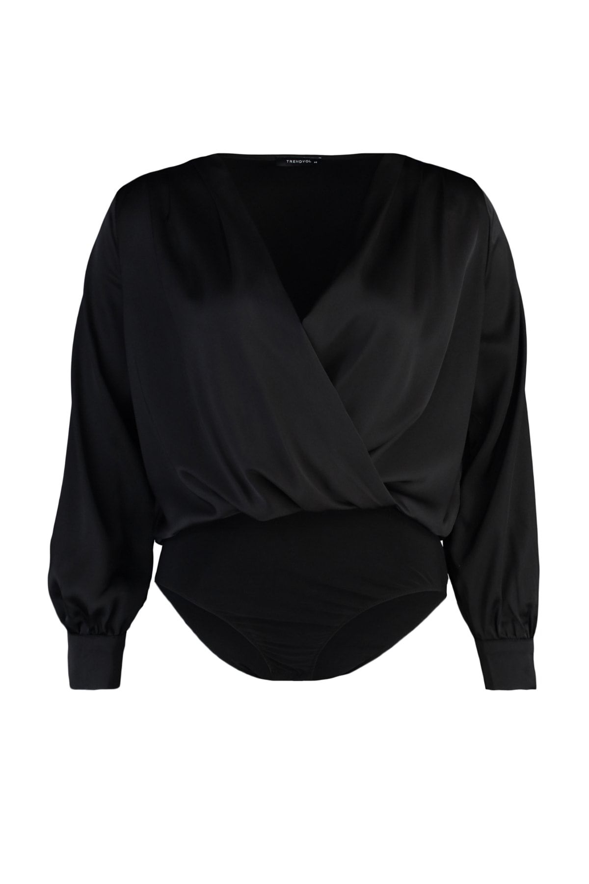 Trendyol Curve-Body satynowe Plus Size – czarne, z długim rękawem, kołnierzem dwurzędowym TBBAW23CS00009 6