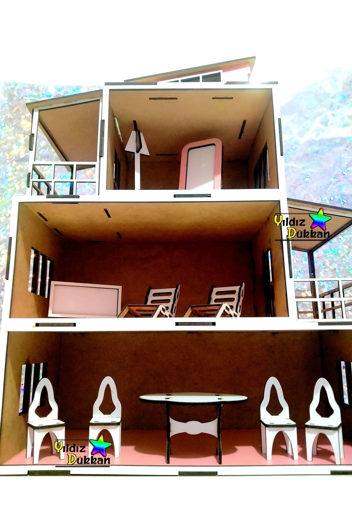 YıldızDükkan-Wooden House Natural Wooden Doll House Children's Play House 40 Cm 3 Storey Cute House 5