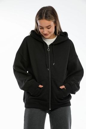 Siyah Kapüşonlu Kanguru Cepli Içi Şardonlu Kalın Oversize Fermuarlı Sweatshirt WN20WODMSW01654