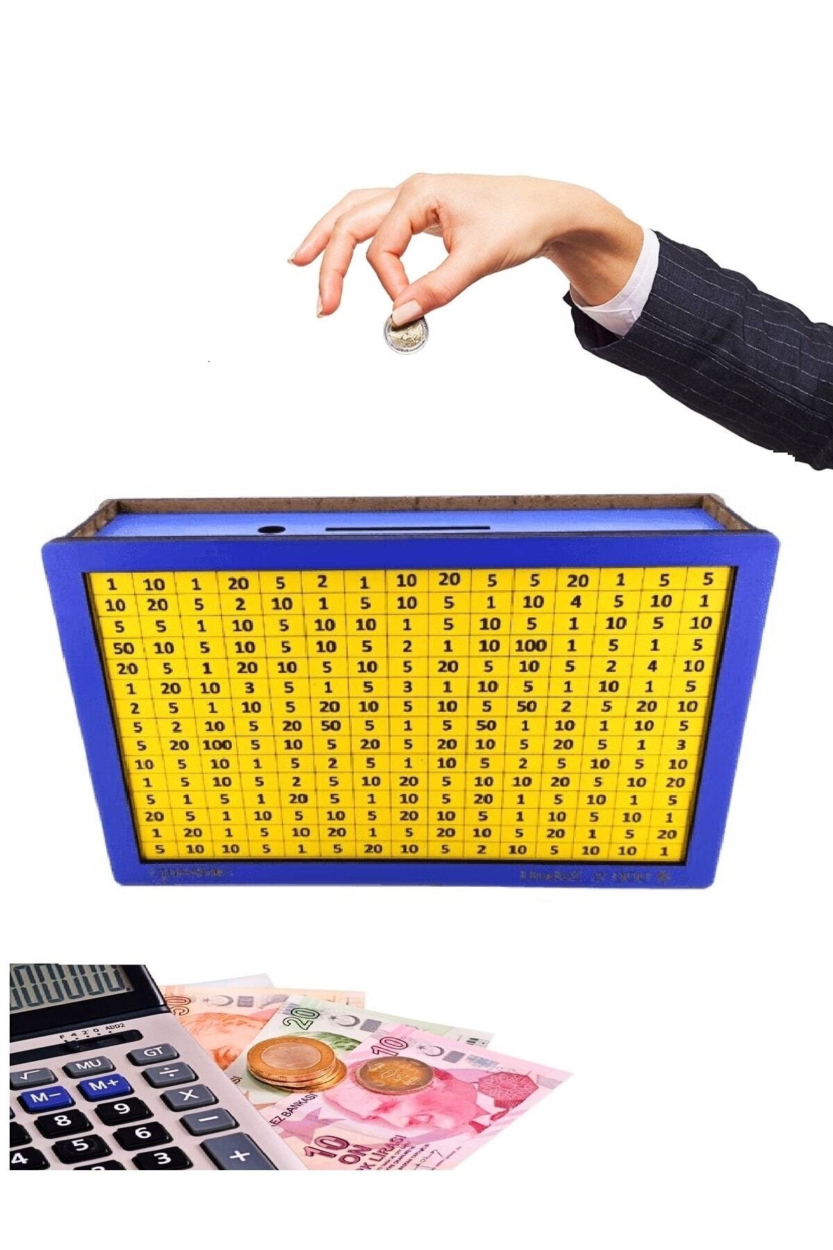 Parabox Sarı Lacivert Hedefli Para Biriktirme Kumbarası 2.000 Hedefli Ahşap Para Kutusu