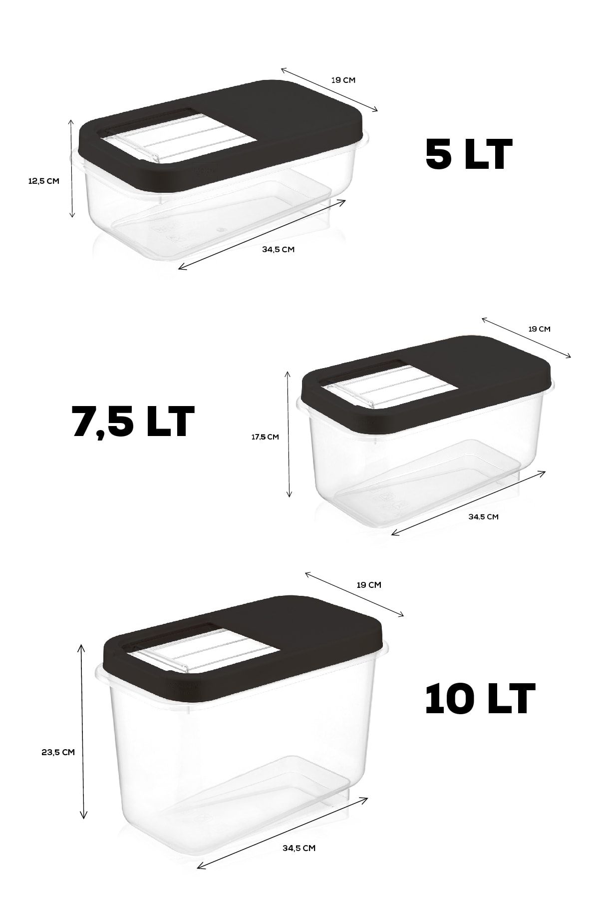 Meleni Home-3-Piece Pulses Storage Container - Food Storage Container with Sliding Lid Flour Container Anthracite 5 Lt-7,5 Lt-10 Lt 2