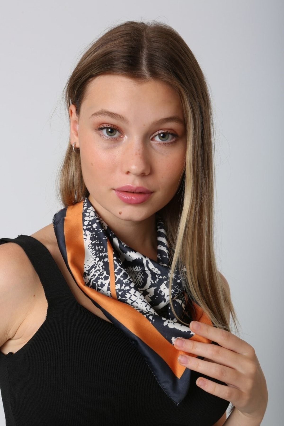 MARBERRY-Orange Snake Patterned Women's Scarf - Bandana 60x60 Cm 3