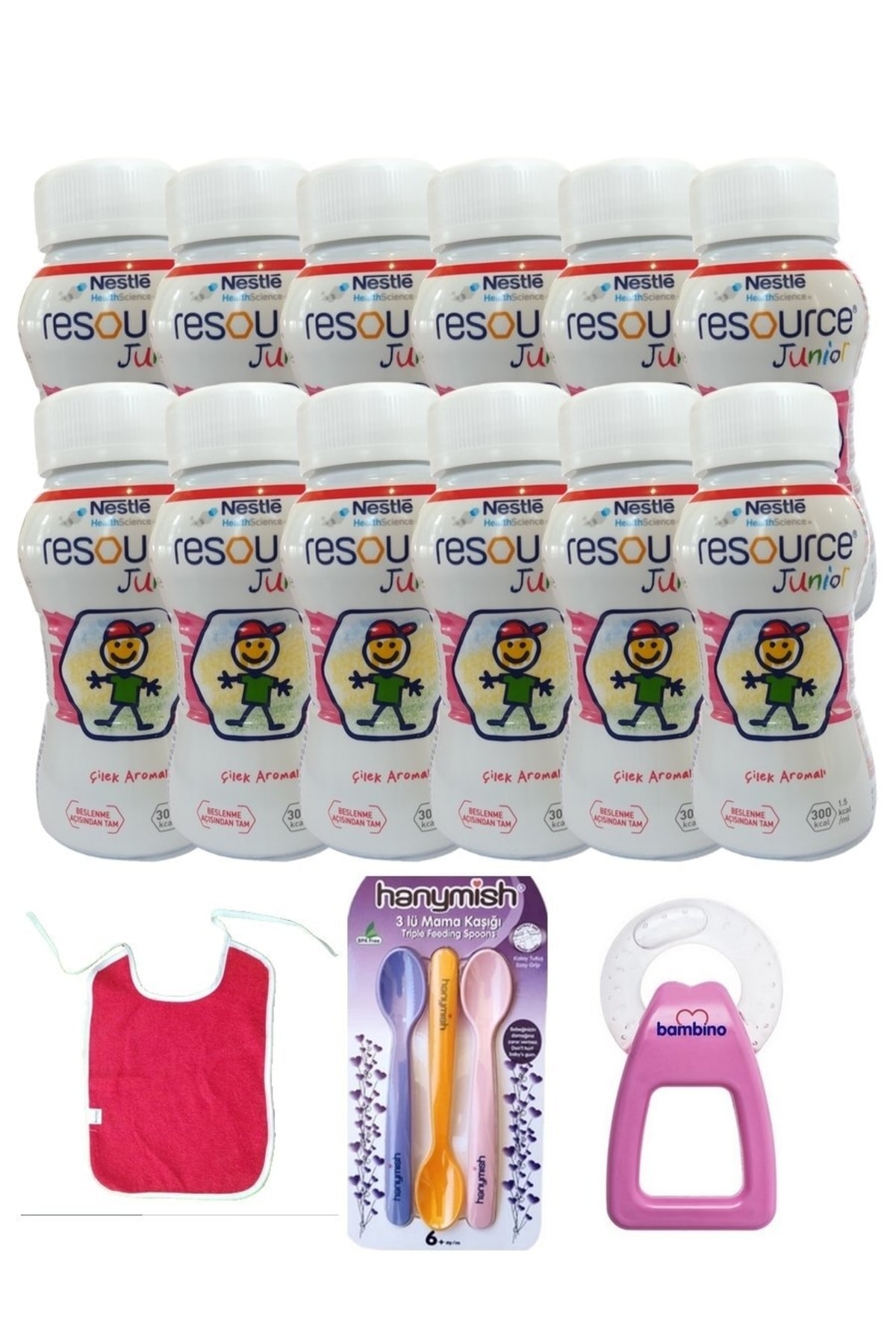 Nestle 12 Adet Çocuk Dengeli Beslenme Sütü Çilek + Diş Kaşıma Aleti + 3'lü Kaşık + Önlük