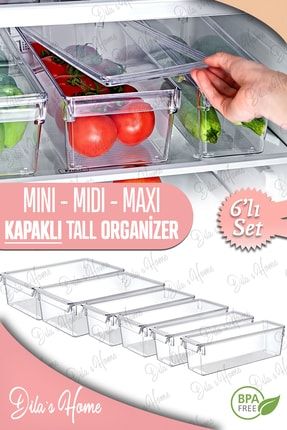 6'lı Kapaklı Mini-midi-maxi Tall Clear Buzdolabı & Dolap Içi Düzenleyici Organizer 6'LI Kapaklı Tall Organizer