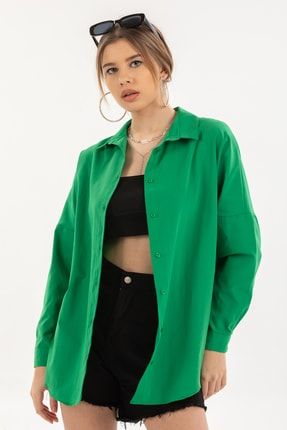 Kadın Koyu Yeşil Oversize Uzun Basic Gömlek DD0842