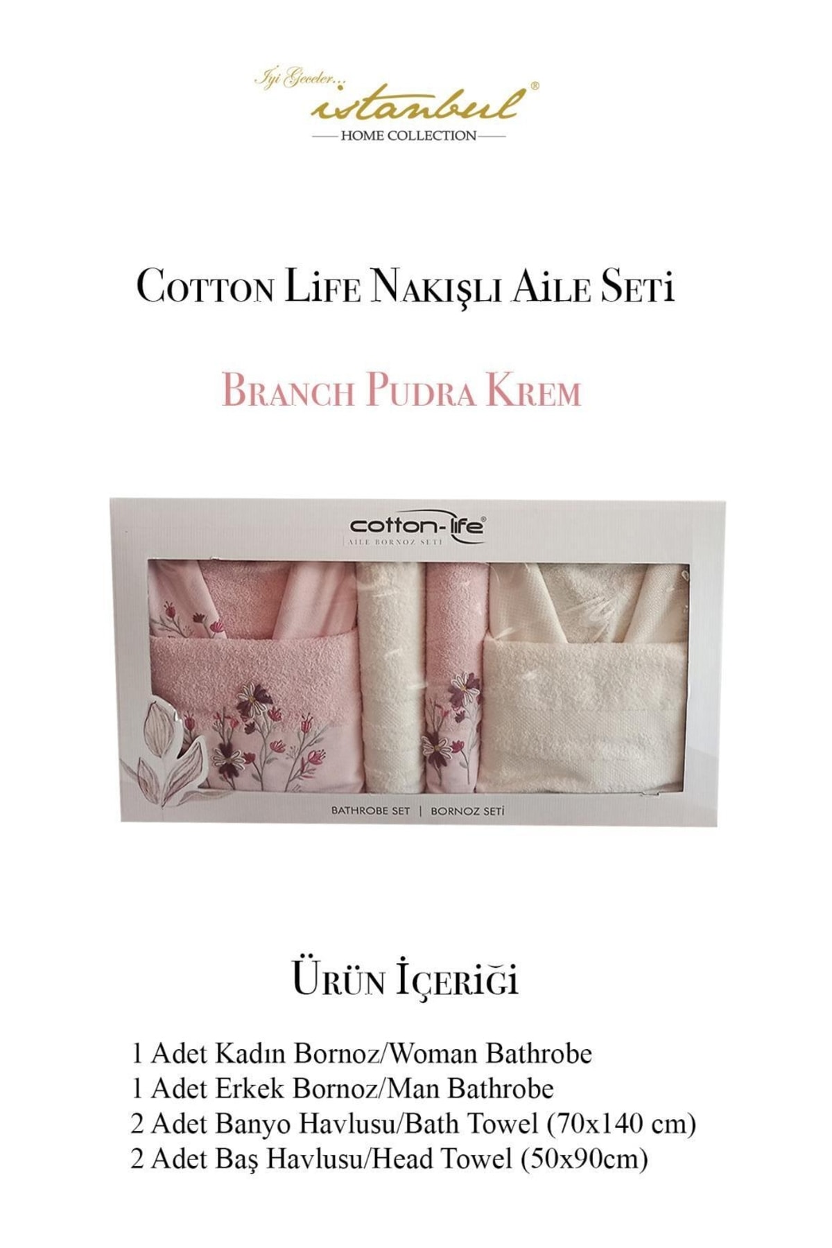 İyi Geceler İstanbul Cotton-life Aile Bornoz Seti Branch Pudra-krem