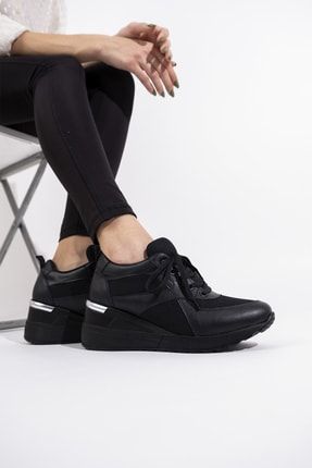 Siyah Fileli Dolgu Topuklu Sneaker Bağcıklı Spor Ayakkabı - Pily 3442