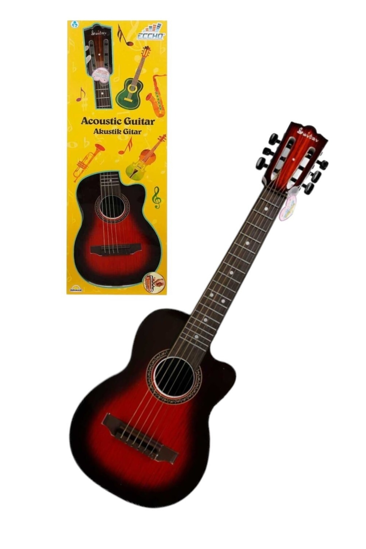 SAZE Araç Oys Ahşap Görünümlü Gerçek Telli Oyuncak Kahverengi Akustik Gitar 69 Cm