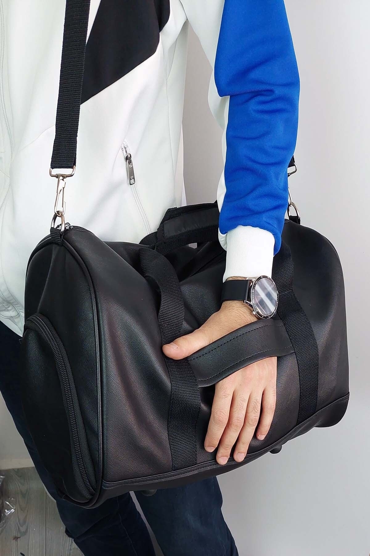 toxo  Siyah Unisex Deri Seyahat&fitness Bag&spor Çantası - Omuz & Askılı Yan Ayakkabı Bölmeli Spor Çantası - Görsel 7