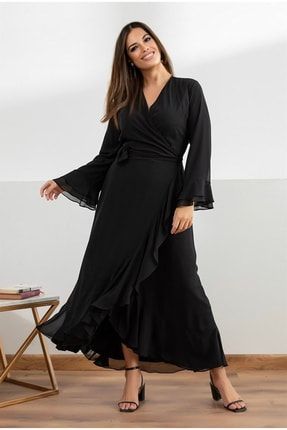 Abiye Elbise, Abiye Kadın Kruvaze Yaka Büyük Beden Siyah Şifon Elbise EB01SF22SI