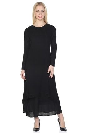 Uzun Kol Şile Bezi Nervürlü Uzun Elbise Siyah Syh 422.01
