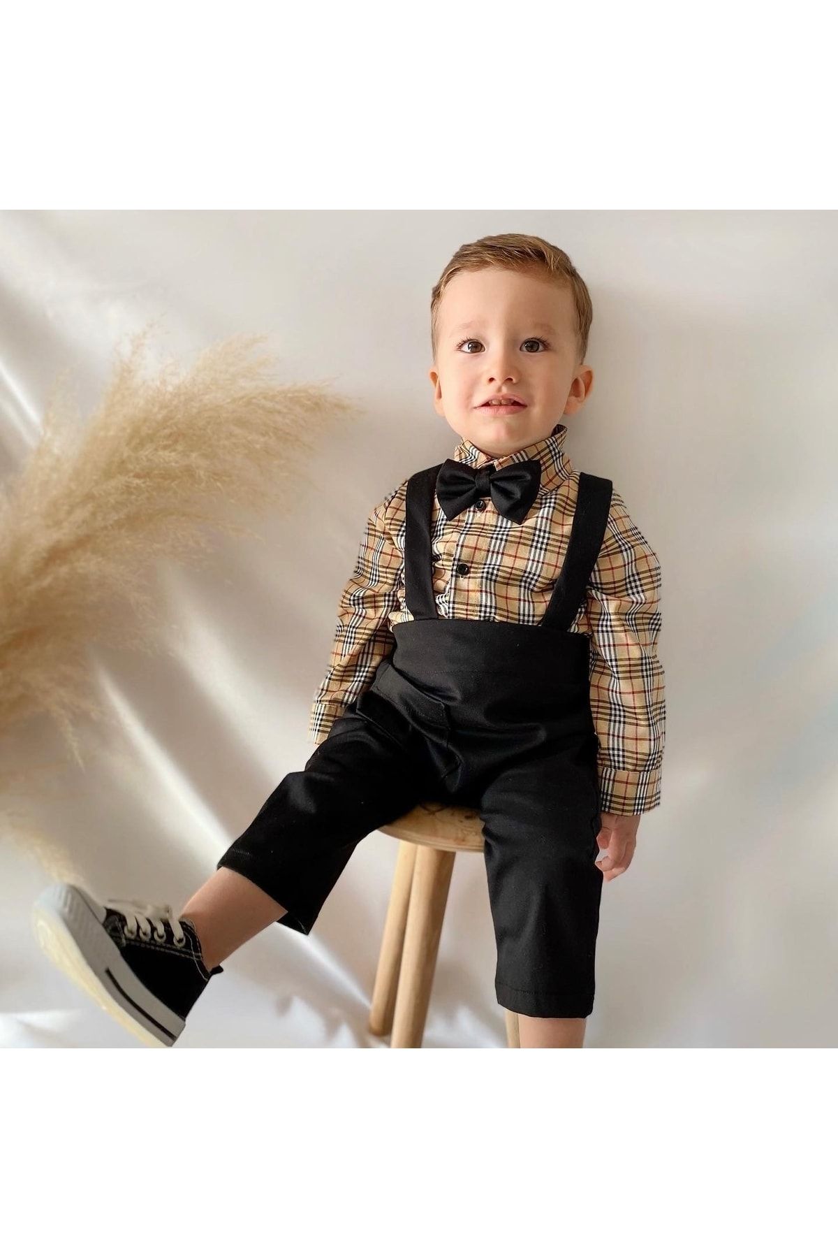 Poplinkids Siyah Salopet Çizgili Keten Gömlek Ve Papyon Takım 111