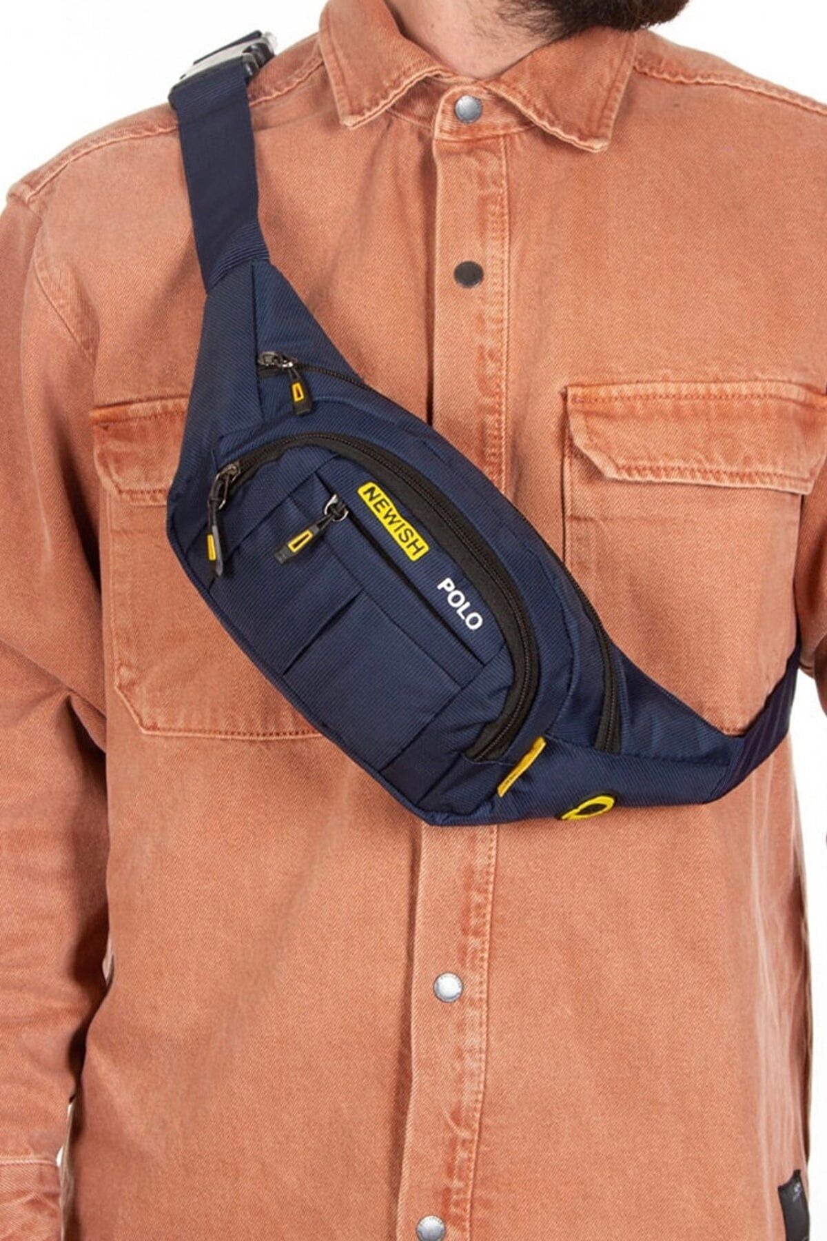 Enİdeal Unisex Lacivert Sarı Usb Çıkışlı Su Geçirmez Omuz Ve Bel Çantası Ayarlanabilir Askılı Çanta