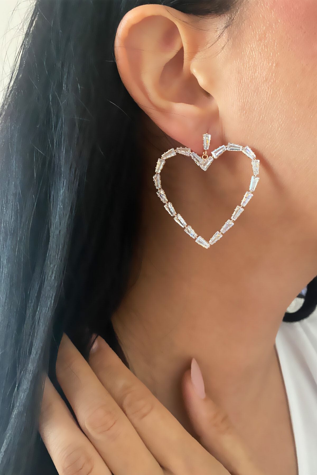 Big Heart Hoop Dangle Earrings – Rhinestone Large Love Heart Drop Earrings,  Oversized Crystal Pave Metal Statement
